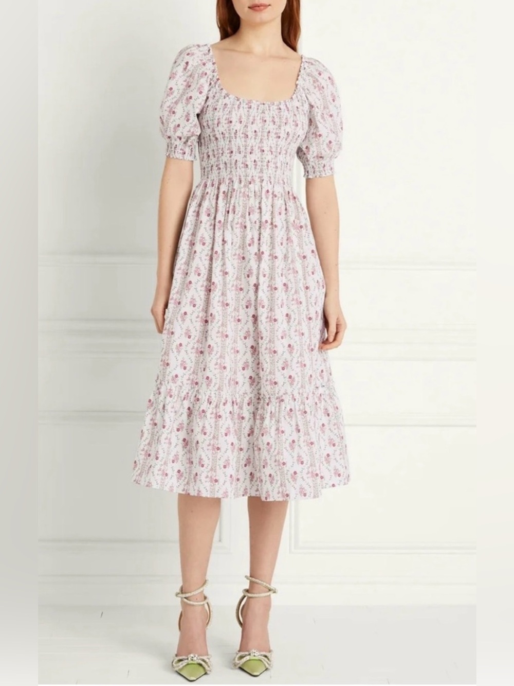 Hill House Louisa Nap Midi Dress - size small - Pink Vine Stripe Print
